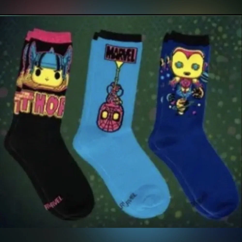 Funko POP! Marvel Blacklight Crew Socks - Thor, Iron-Man, Spider-Man NWT